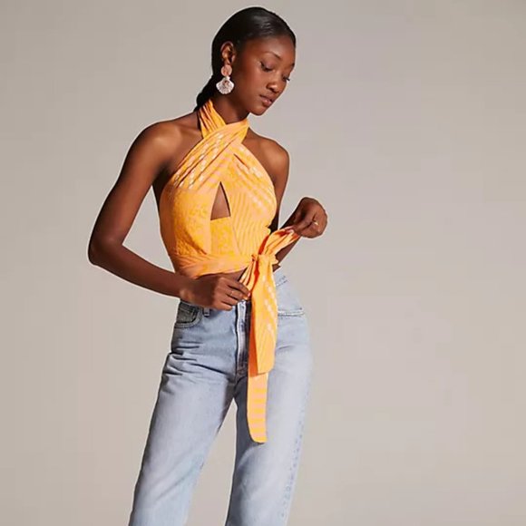 38. Eva Franco Anthropologie Citrus Yellow Knit Summer Wrap Halter Top - Picture 2 of 6
